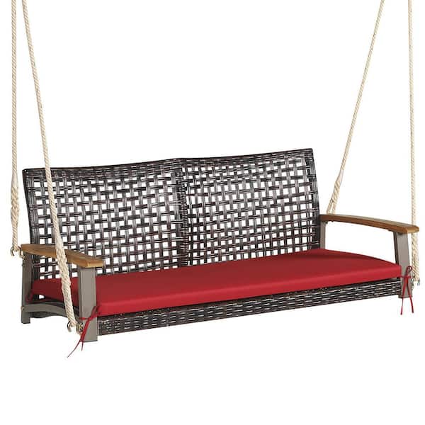Costway 2-Person Steel Patio Rattan Hanging Swing Chair Porch Loveseat Cushioned Red