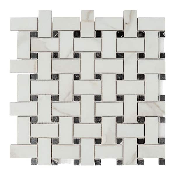 Regalia 4 x 5 in. Ivory White Black Matte Gres Porcelain Basketweave Mosaic Wall and Floor Tile Sample