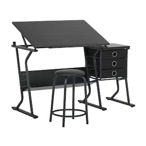 Eclipse Ultra Craft Center 49 in. Rectangular Black/Black PB Three Drawer Desk with Top Angle Adjustment and Stool