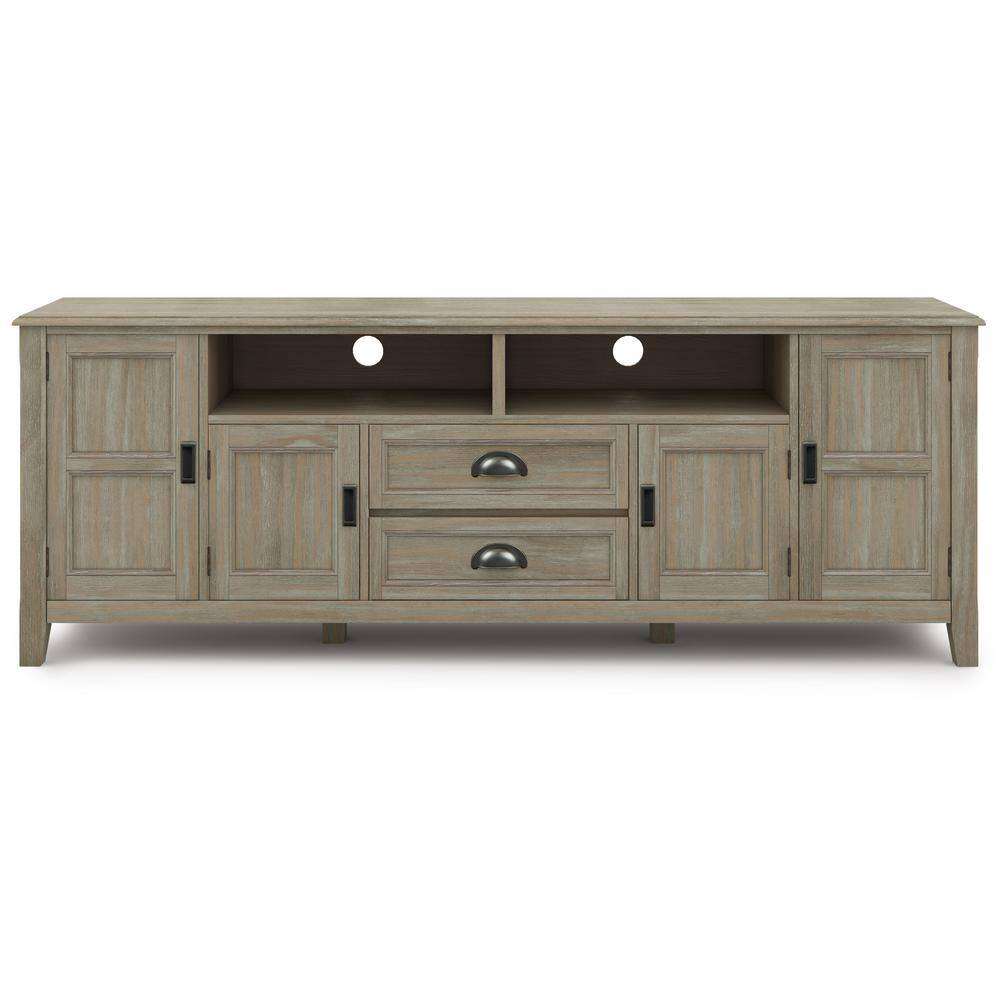 Burlington Solid Pine 72" TV Media Stand in Distressed Grey with Cabinet