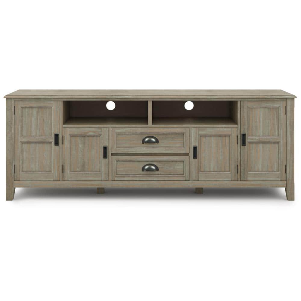 Burlington Solid Pine 72" TV Media Stand in Distressed Grey with Cabinet