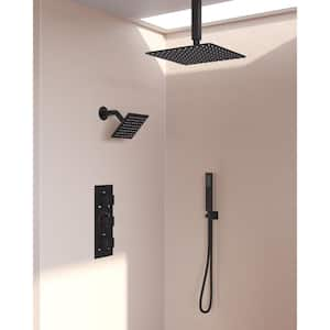 ZenithRain 5-Spray Square High Pressure with Dual Rainfall Showerheads Thermostatic Valve Included in Matte Black