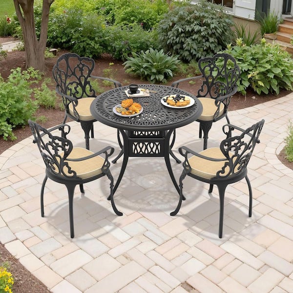 Black 5-Piece Cast Aluminum Outdoor Dining Set, 35.43 in. Round Dining Table and 4 Patio Chairs with Off-White Cushions