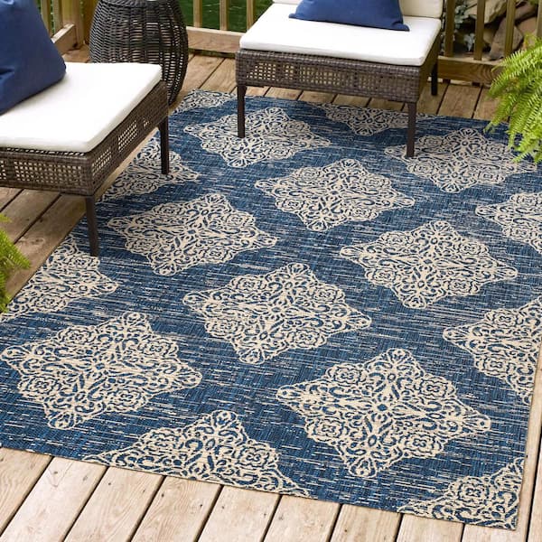 Tuscany Ornate Medallions Navy/Beige 8 ft. x 10 ft. Indoor/Outdoor Area Rug