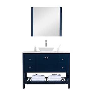 Manhattan 48 in. W x 18 in. D Vanity with Marble Top,White Basin and Mirror in Navy