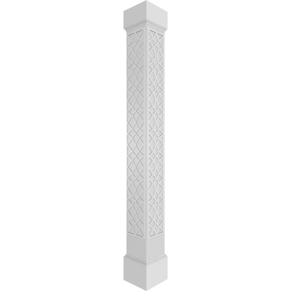 Ekena Millwork 9-5/8 in. x 9 ft. Premium Square Non-Tapered Mosaic Fretwork PVC Column Wrap Kit w/Mission Capital and Base