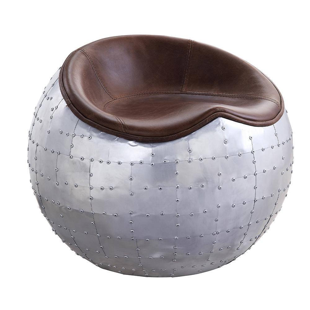 Retro Brown Top Grain Leather and Aluminum Round Ottoman