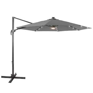 10 ft. Solar LED Gray Cantilever Patio Umbrella with Cross Base, Outdoor Offset Hanging 360°