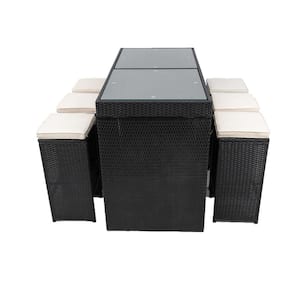 Black 7-Piece Wicker Outdoor Serving Bar Set with Cream Cushions