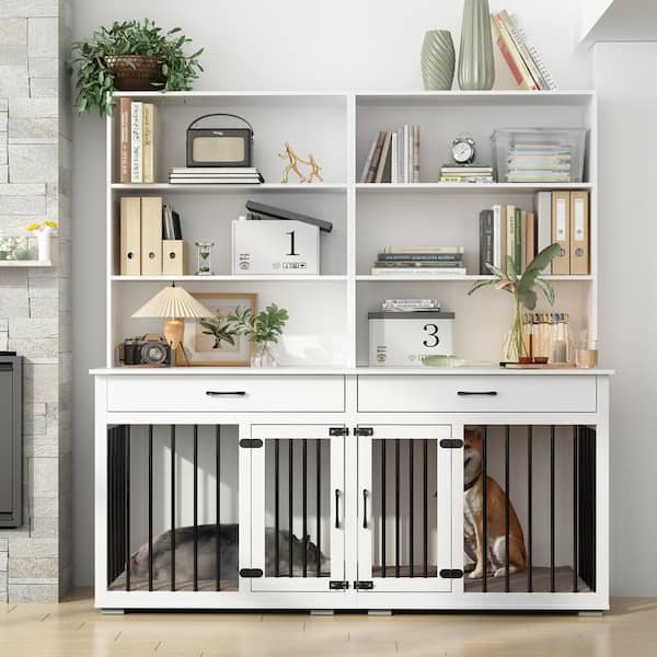 FUFU&GAGA Wooden Dog Kennel Furniture Style Dog Crate Storage Cabinet, Indoor Dog Crate with 6-Shelf Bookcase Bookshelf, White
