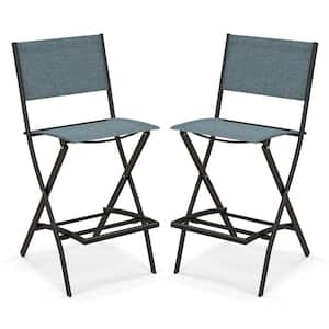 Blue Counter Height Folding Bar Chairs with Back and Footrest Versatile Outdoor Dining Chairs Set of 2