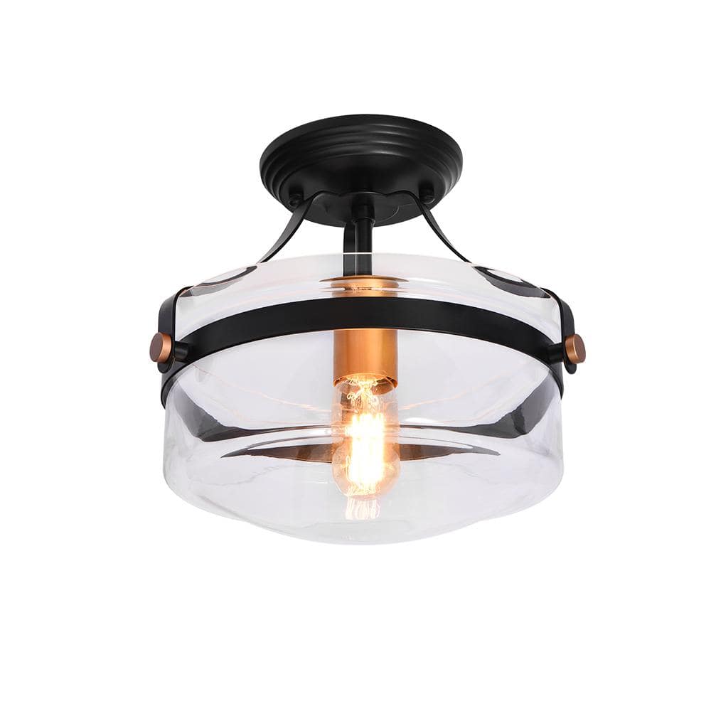 Kateo 13 in. 1-Light Black and Gold Drum Semi-Flush Mount With Clear Glass Shade price history on PriceWatchPro