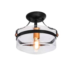 Kateo 13 in. 1-Light Black and Gold Drum Semi-Flush Mount With Clear Glass Shade
