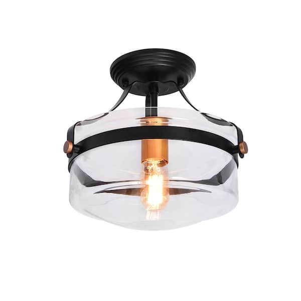 HUOKU Kateo 13 in. 1-Light Black and Gold Drum Semi-Flush Mount With Clear Glass Shade