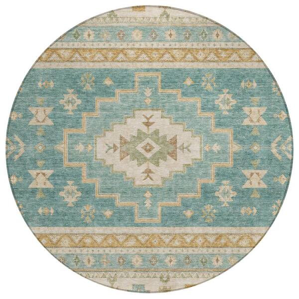 Chantille Machine Washable Indoor/Outdoor Abstract ACN3125 Aqua 8 ft. x 8 ft. Round Rug