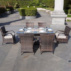 Brown 7-Piece Wicker Patio Fire Pit Conversation Set with Beige Cushions