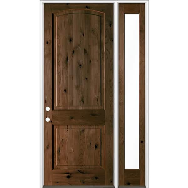 Krosswood Doors 56 in. x 96 in. Knotty Alder 2-Panel Arch-Top Right-Hand/Inswing Clear Glass Espresso Stain Wood Prehung Front Door RFSL