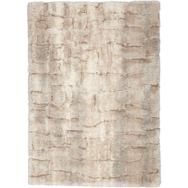 Luxurious Shag Ivory Beige 3 ft. x 5 ft. Abstract Contemporary Area Rug