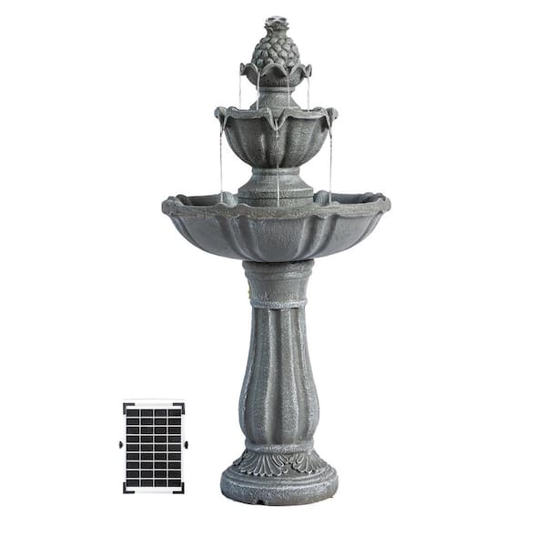 XBRAND 36.2 in. Solar 2-Tier Water Fountain, Grey Resin, Outdoor, with Solar Panel and Solar Pump for Home Garden Yard Decor