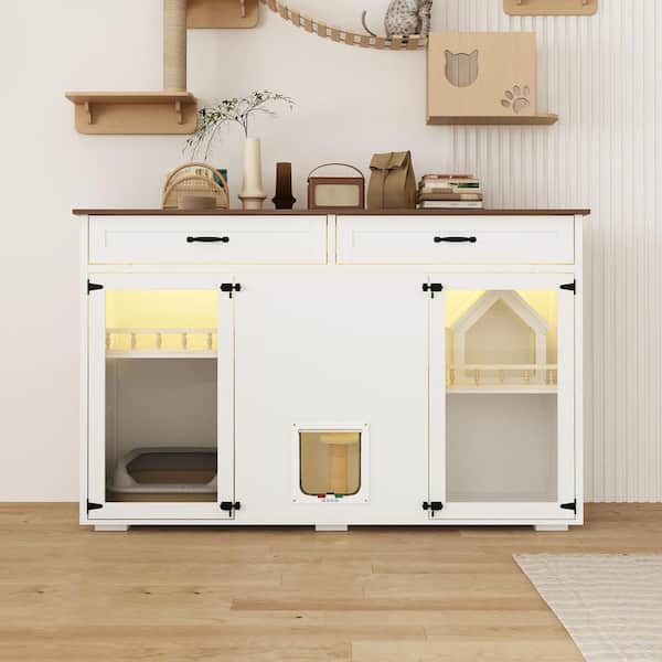 FUFU&GAGA XL Wooden Litter Box Enclosure Furniture with 2-Drawers, Indoor Cat Cabinet Washroom Storage in White