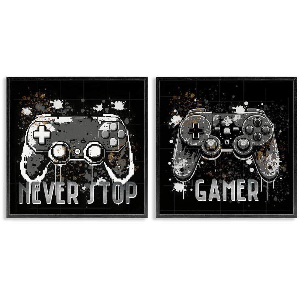 Never Stop Modern Gamer by Kim Allen 2 Pieces Black Framed Typography Giclee Art Print 24 in. x 24 in.