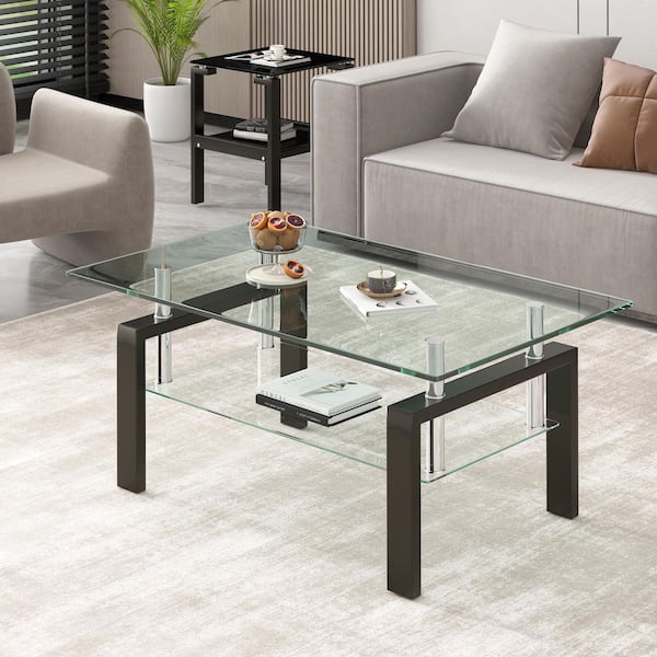 39.37 in. Black Rectangle Clear Glass Coffee Table with Dual-Tier Storage & Metal Frame