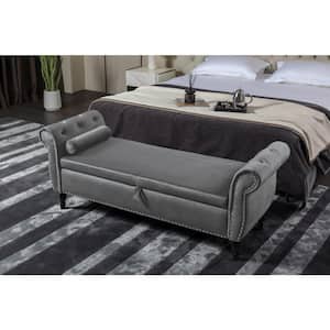 Gray Velvet Upholstered Ottoman 63 in. Bedroom Bench Tufted Storage Bench with Solid Wood Legs