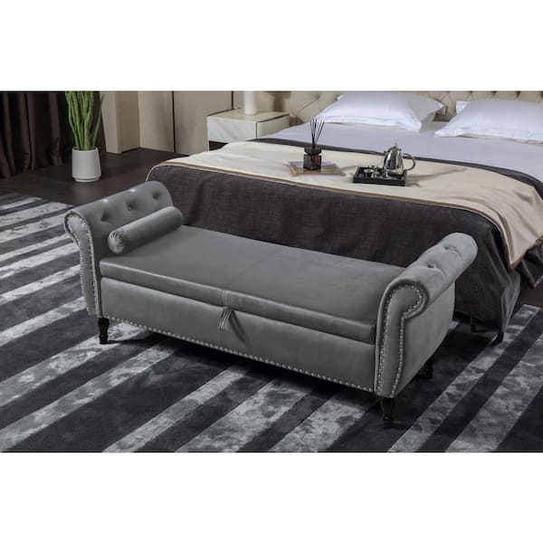 CSC DECOR INC Gray Velvet Upholstered Ottoman 63 in. Bedroom Bench Tufted Storage Bench with Solid Wood Legs