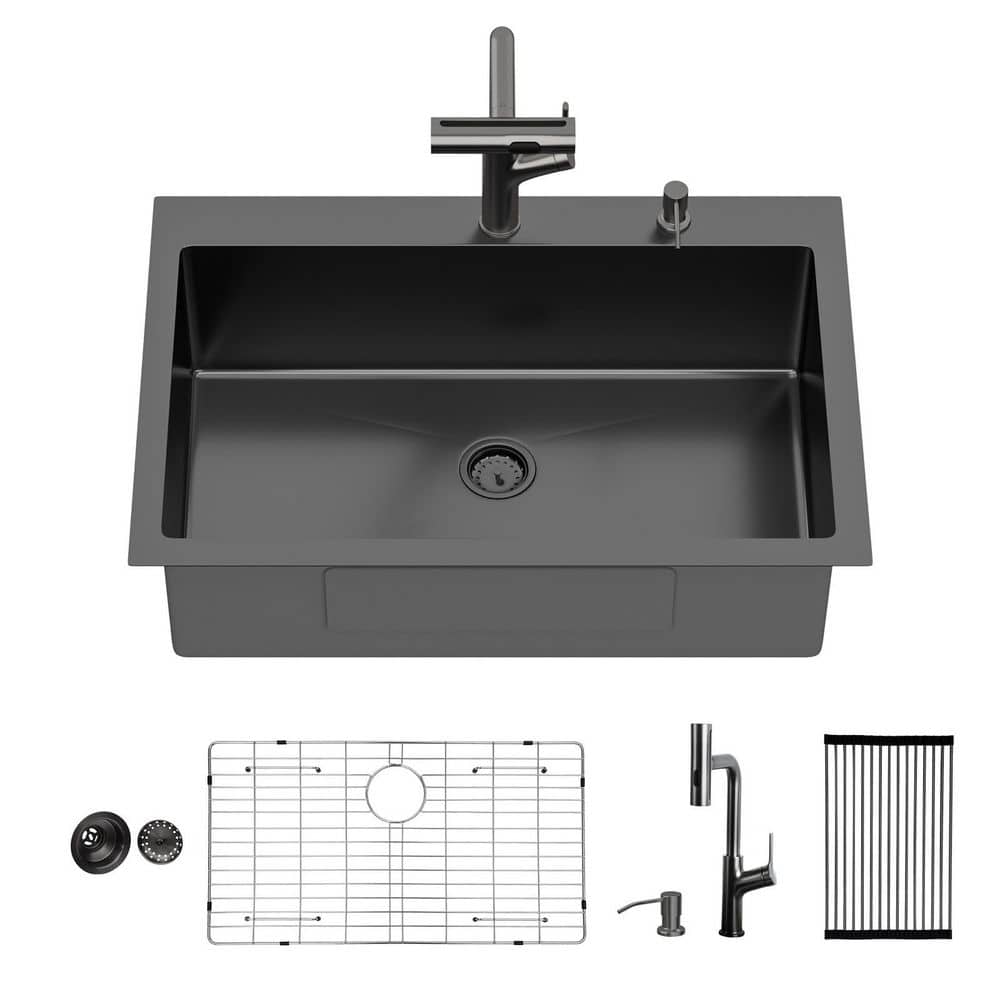 30 in. Drop-in Single Bowl 16 Gauge Gunmetal Black Stainless Steel Kitchen Sink with Pull-out Faucet and Soap Dispenser price history on PriceWatchPro