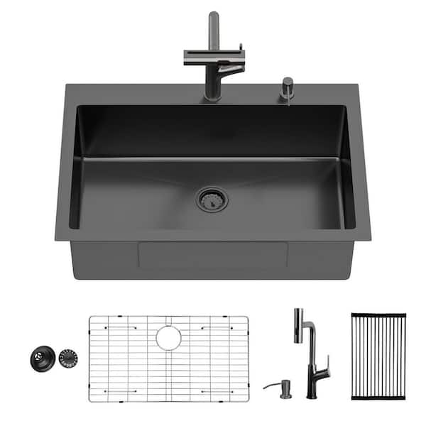 30 in. Drop-in Single Bowl 16 Gauge Gunmetal Black Stainless Steel Kitchen Sink with Pull-out Faucet and Soap Dispenser