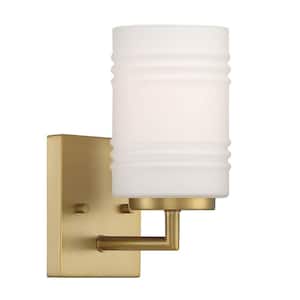 Leavenworth 4.75 in. 1-Light Brushed Gold Modern Wall Sconce with Etched Opal Glass Shade
