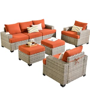 Taylor 7-Piece Wicker Outdoor Patio Conversation Seating Set with Orange Red Cushions