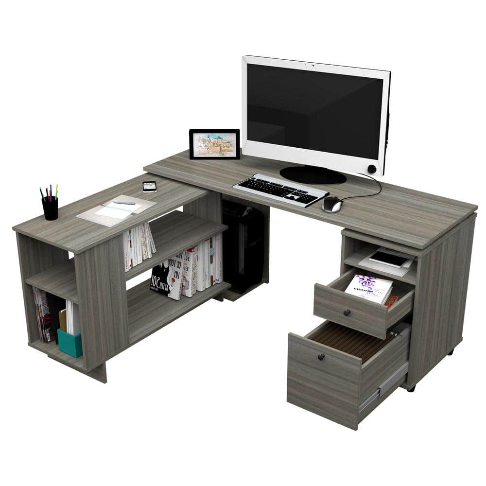 Smoke Oak L-Shaped Computer Desk with Filing Cabinet