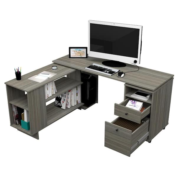 Inval 2-Drawer L Shaped Computer Desk, Smoke Oak