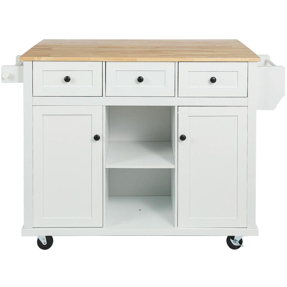 White Rubber Wood Kitchen Cart with Drop-Leaf and Towel Rack