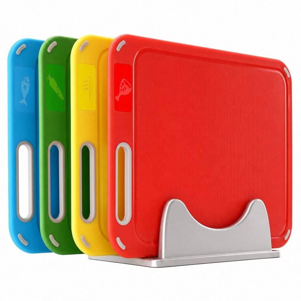 4-Piece Colorful Coded Plastic Cutting Board Set with Storage Stand, Dishwasher Safe, Prevent Cross-Contamination