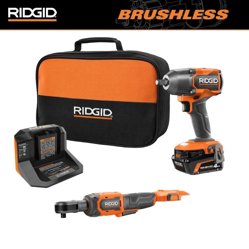RIDGID 18V Brushless Cordless 2-Tool Combo Kit w/ 1/2 in. Impact Wrench, 3/8 in. Ratchet, 4.0 Ah MAX Output Battery and Charger -  R86012KR866011