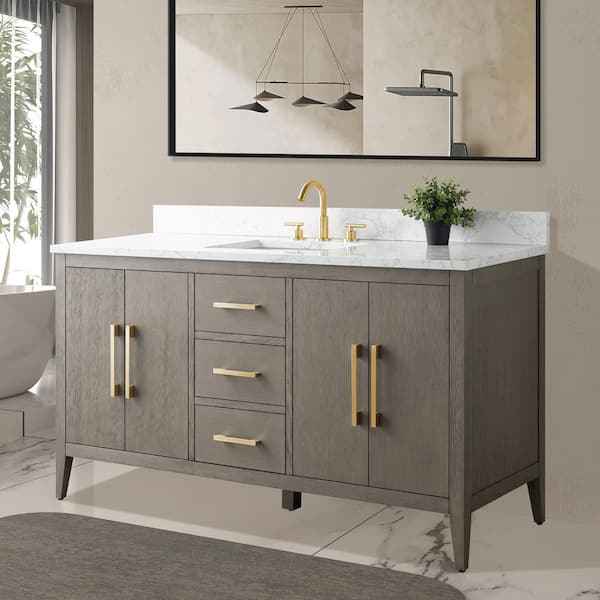 60 in. W x 22 in. D x 34 in. H Single-Sink Bath Vanity in Driftwood Gray with Engineered Marble Top in Arabescato White