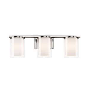 22.75 in. 3-Light Brushed Nickel Modern Vanity Light with Clear Glass and White Glass Dual Shades