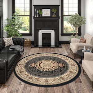 Sensation Oriental Black 8 ft. Round Indoor Area Rug