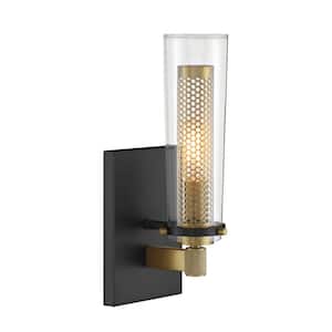 Emmerham 1-Light Black and Soft Brass Wall Sconce with Clear Glass Shade