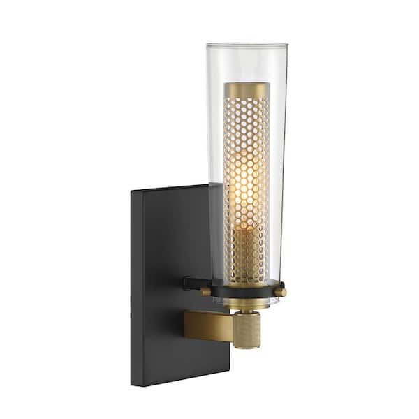 Minka Lavery Emmerham 1-Light Black and Soft Brass Wall Sconce with Clear Glass Shade