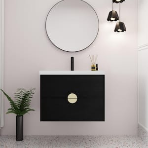 28 in. W Modern Elegant Floating Wall-Mounted Bathroom Vanity in Black with White Sink and 2-Drawers