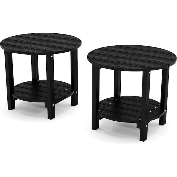 Mximu 18 in. Black Round Plastic Adirondack Outdoor Double Layer Patio Side Table (Set of 2)