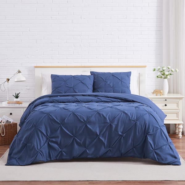 SOUTHSHORE FINE LINENS Pintuck 3-Piece Dark Blue Microfiber Full/Queen Duvet Cover Set