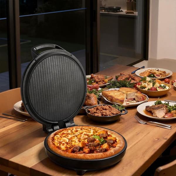 Pizza Oven, 12 in. Electric Outdoor Pizza Oven in Black, 1200W Non-Stick Coating, 180° Open for Dual Side Baking