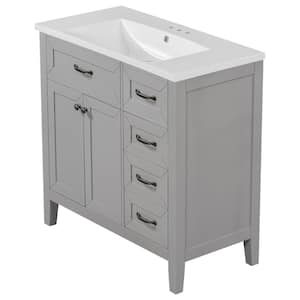 35.98 in. W x 18.03 in. D x 35.98 in. H Freestanding Bath Vanity in Gray with White Ceramic Top with Drawers