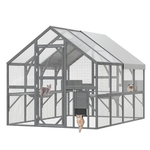 FUFU&GAGA 57.2sq.ft Large Wooden Outdoor Cat House, Cat Run Enclosure Walk in Cat Catio Kitten Condo with Enter Door, Roof Cover