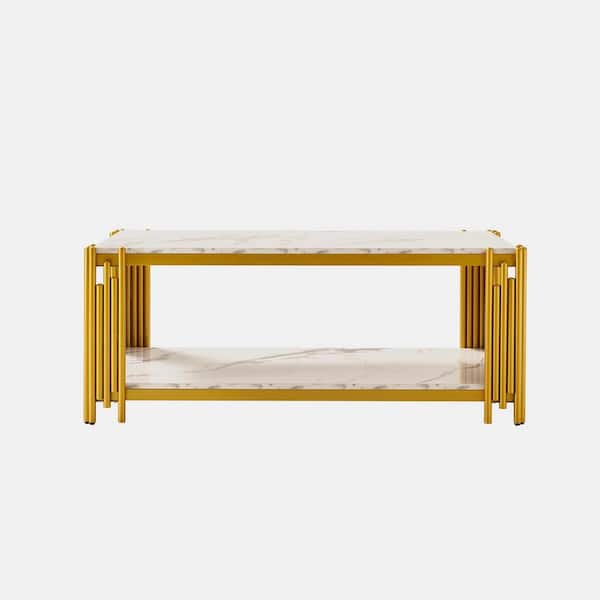 wetiny 44.88 in. Gold Rectangle Marble Coffee Table with Storage Shelf
