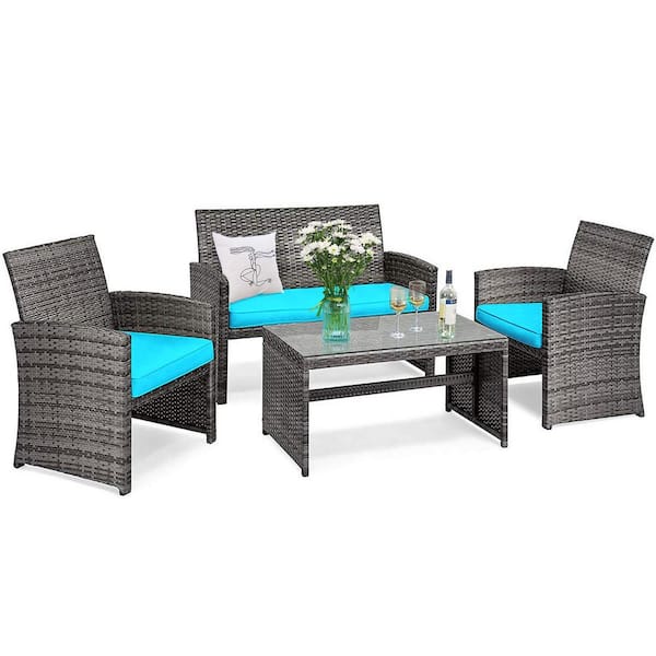 4 Piece Wicker Patio Conversation Set with Turquoise Cushions